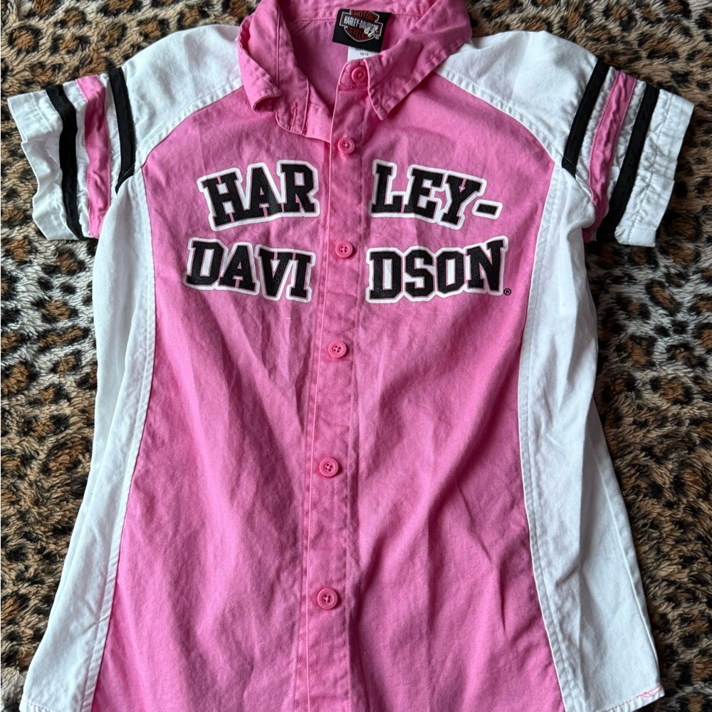 Harley-Davidson Kids Button Down Shirt in Pink and White